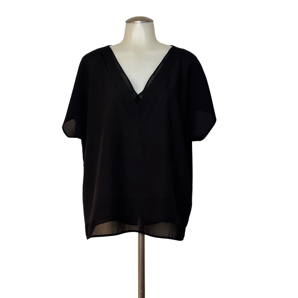 DKNY V-Neck Chiffon Trim Top Women XL Black Short Sleeve Relaxed Excellent